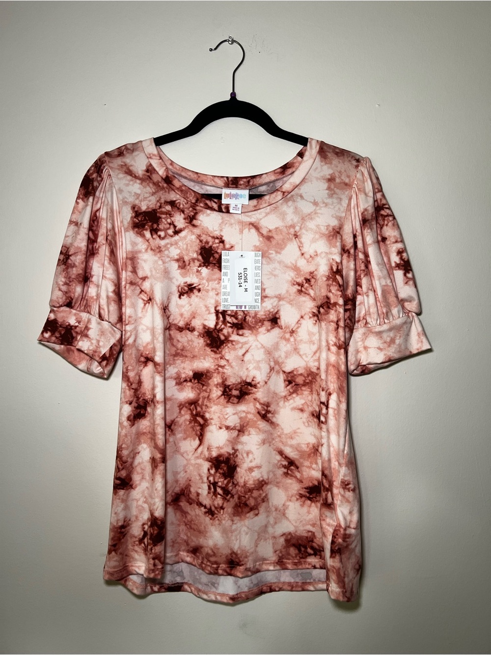 LuLaRoe Eloise Puff Sleeve Top Tie-Dye Short Sleeve Women's Top - Rose/Copper